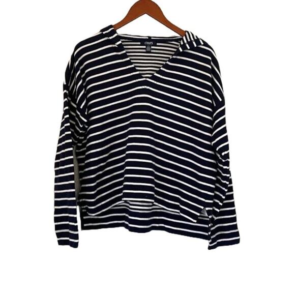 Chaps Nautical / Preppy Navy Blue and White Stripe Cotton Pullover Hoodie, L - Picture 1 of 9